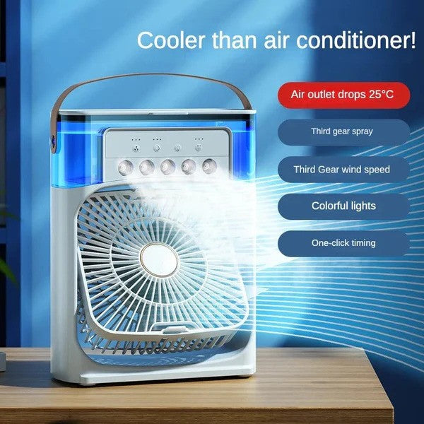 Air cooler features - 25°C temperature drop, third gear spray, wind speed control, colorful lights and one-click timing