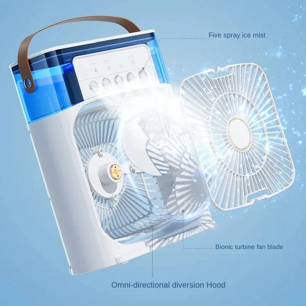 Air cooler producing cool mist with ice cubes, snowflakes and USB cable - energy efficient cooling solution