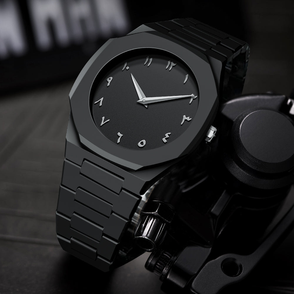 Back view of Arabic Aura Watch displaying stainless steel caseback and brand engravings