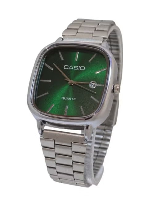 Casio Classic Quartz Watch featuring green gradient dial and silver metal bracelet