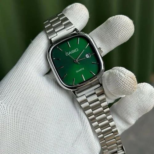 Casio Quartz Classic Watch in original packaging box with green dial and silver bracelet