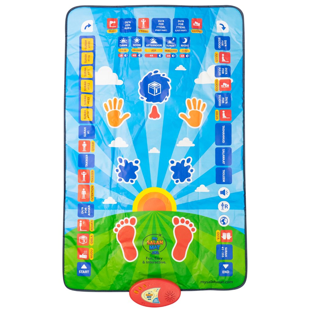 Child using educational prayer mat to learn Salah steps 