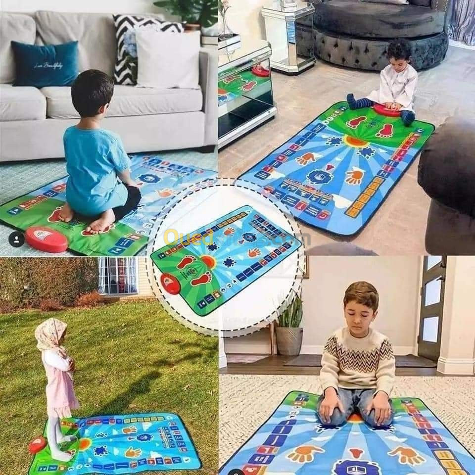 Children using interactive Islamic prayer mats indoors and outdoors - Educational Salah learning mats with Arabic alphabet and prayer positions for kids