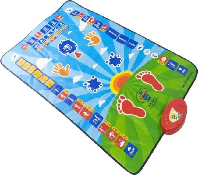 Colorful children's interactive play mat with various symbols and a red button on a white background.