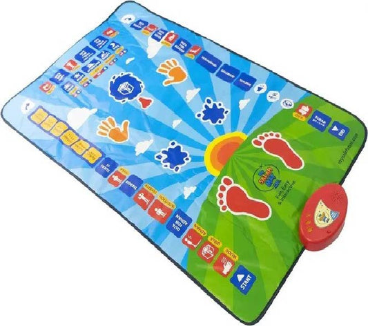 Colorful children's interactive play mat with various symbols and a red button on a white background.