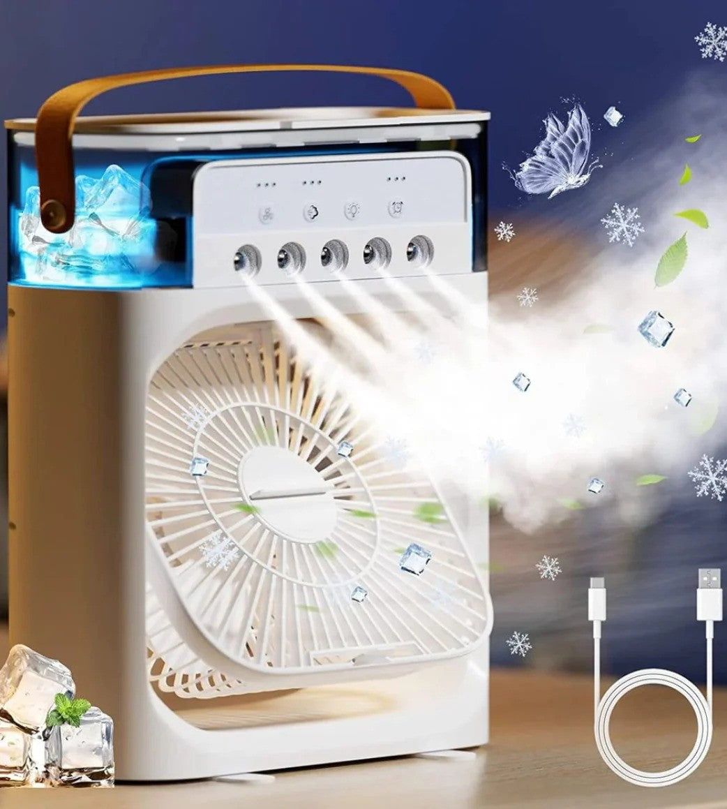Portable air cooler with ice compartment, control panel and cooling mist - white compact design with wooden handle
