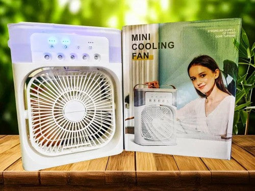 Portable air cooler with wooden handle and control panel - compact white design for home and office cooling