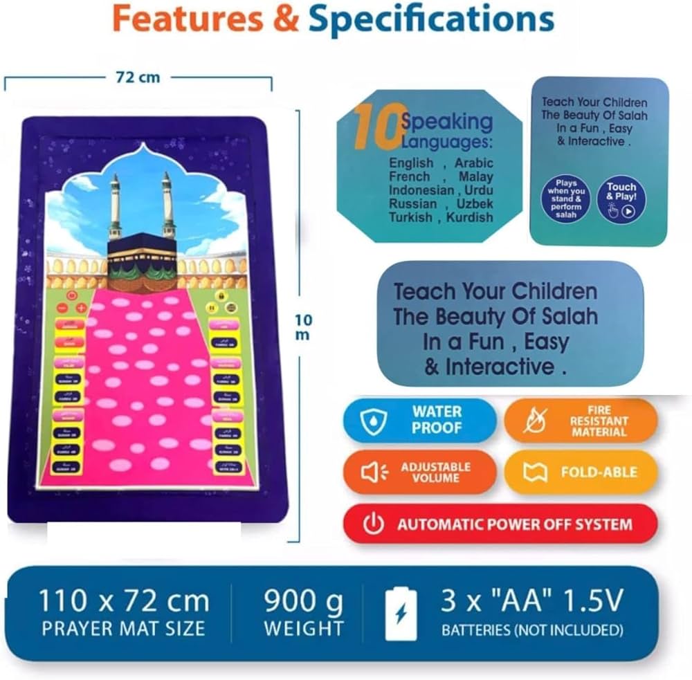 Product packaging with features and specifications of a prayer mat.